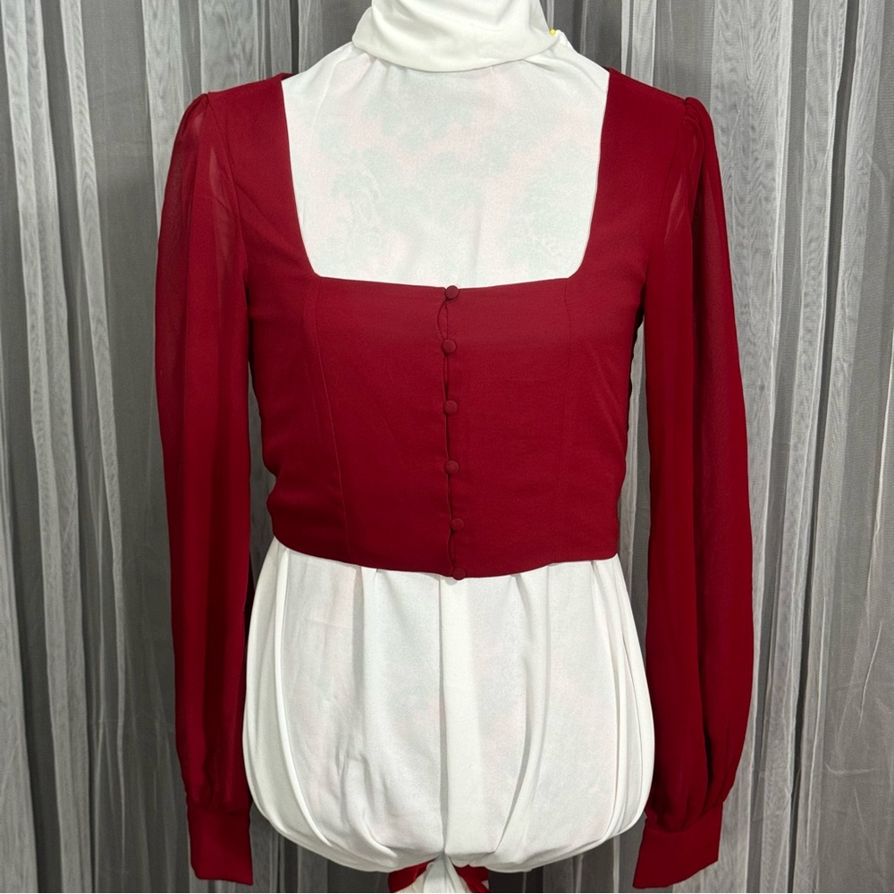 Divided Button up Sheer Sleeves Crop Top (1AB0038)